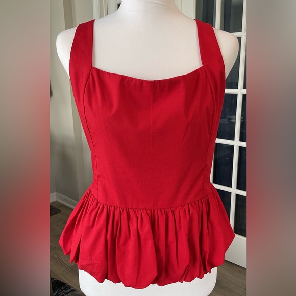 Abercrombie & Fitch Red Poplin Bubble Hem Peplum Top - Size L - Picture 6 of 16
